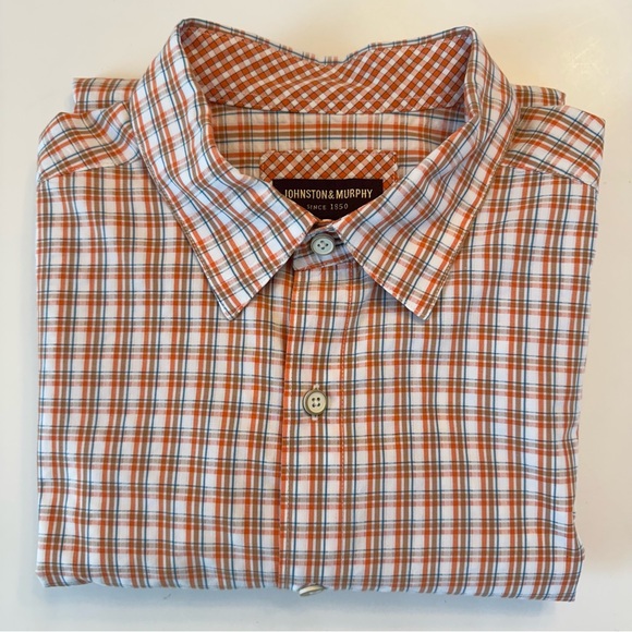 Johnston & Murphy Short Sleeve Button Front Down Shirt Plaid Orange Tan White - Picture 1 of 10